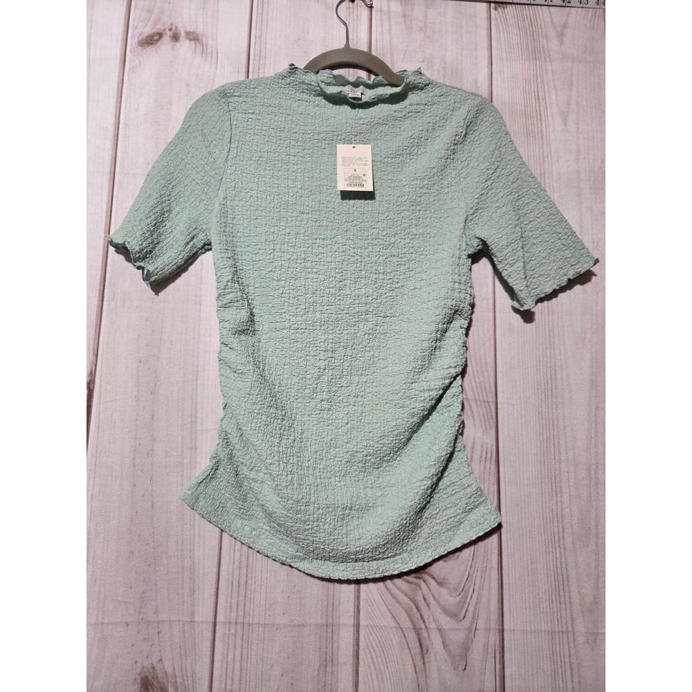 A New Day Womens Light Green Seersucker Mock Neck Ruched Top Small NWT